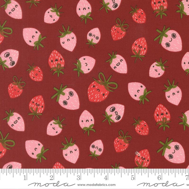 Manufacturer: Moda Fabrics
Designer: Lizzy House
Collection: Funny Valentine
Print Name: Strawberries in Rose
Material: 100% Cotton
Weight: Quilting 
SKU: 37142-18
Width: 44 inches