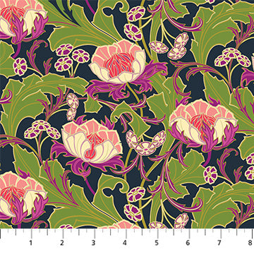 Manufacturer: Figo Fabrics Designer: Heather Bailey Collection: Wild Abandon Print Name: Wanderlust in Midnight Material: 100% Cotton  Weight: Quilting  SKU: 90891-45 Width: 44 inches