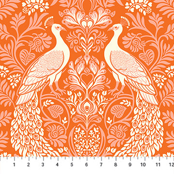 Manufacturer: Figo Fabrics Designer: Heather Bailey Collection: Wild Abandon Print Name: Rogues & Scoundrels in Tangerine Material: 100% Cotton  Weight: Quilting  SKU: 90892-56 Width: 44 inches