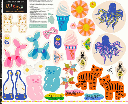 This listing is for one (1) panel. Panel measures 36" x 44".

The newest installment in the Ruby Star Society Projects with Purpose is the Cut & Sew Panel! Our designers pooled together their most iconic characters and animals from their years of designing fabric, and placed them on this panel for all your project needs! These characters make great stuffies, cat toys, applique decorations, and more!