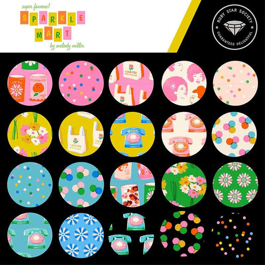 This factory cut FAT QUARTER bundle contains 28 quilting cotton prints from Sparkle Mart by Melody Miller for Ruby Star Society.

Manufacturer: Ruby Star Society
Designer: Melody Miller
Collection: Sparkle Mart
Material: 100% Cotton