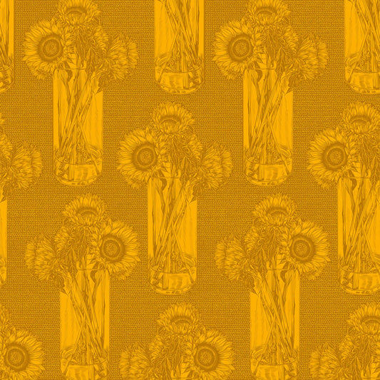 Manufacturer: Anna Maria Textiles for Northcott Fabrics
Designer: Anna Maria Parry
Collection: Indelible
Print Name: Sunflowers in Saffron
Material: 100% Cotton
Weight: Quilting 
SKU: AMT1004-54L
Width: 44 inches