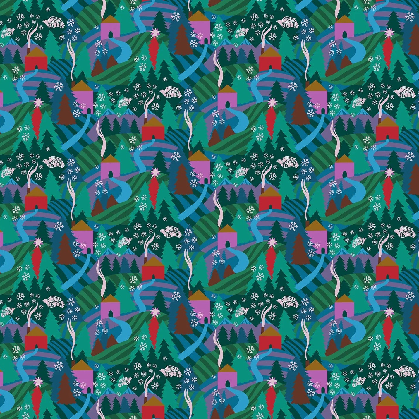 Manufacturer: Anna Maria Textiles for Northcott Fabrics
Designer: Anna Maria Parry
Collection: Cozy Christmas
Print Name: Flurry in Evening
Material: 100% Cotton
Weight: Quilting 
SKU: AMT161-75C
Width: 44 inches