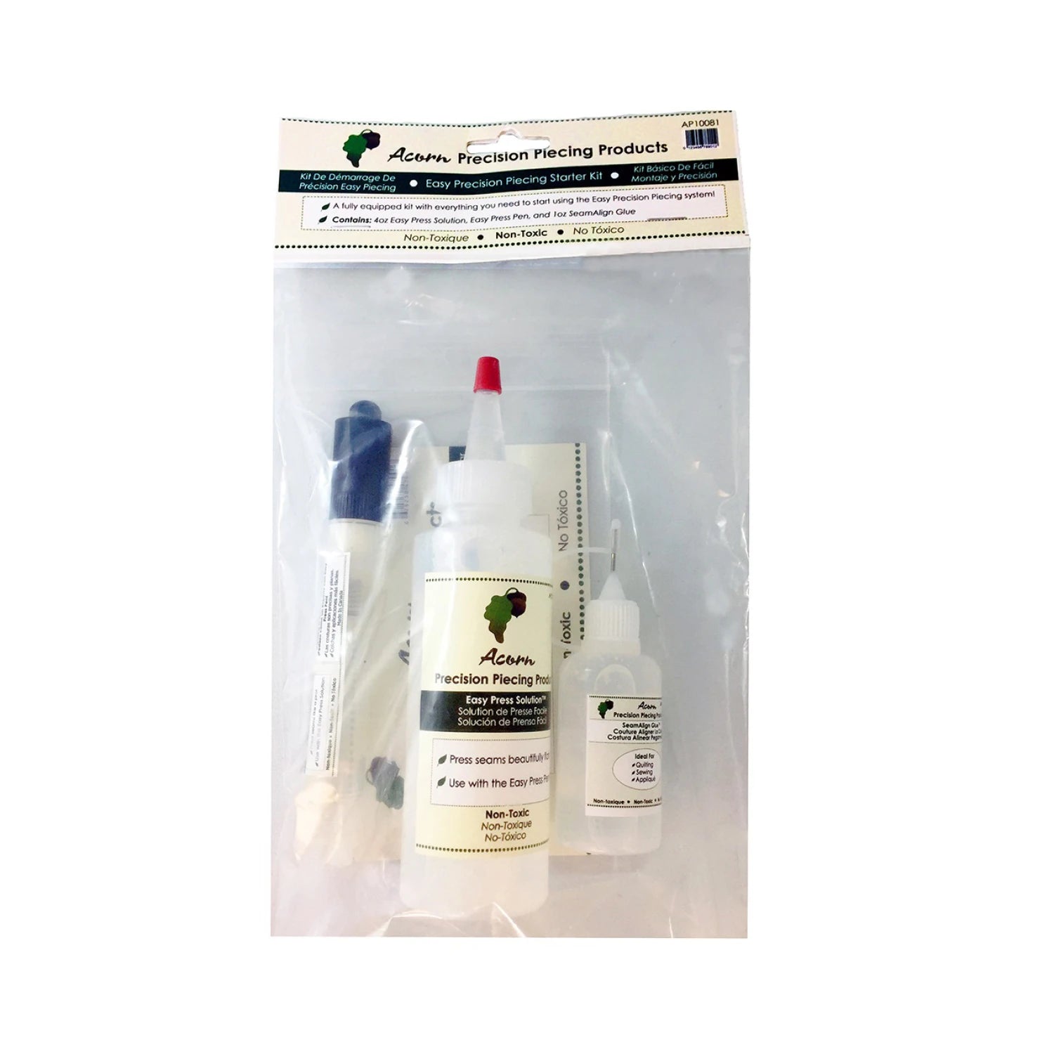 A fully equipped kit with everything you need to start using the Easy Precision Piecing system! Contains: 4 oz. Easy Press Solution, Easy Press Pen, and 1 oz. Seam Align Glue, all in portable sizes to improve piecing accuracy and make quilting and applique easier.

Color: White
Use: Piecing Starter Kit
Included: Easy Press Solution, Press Pen, and Seam Glue