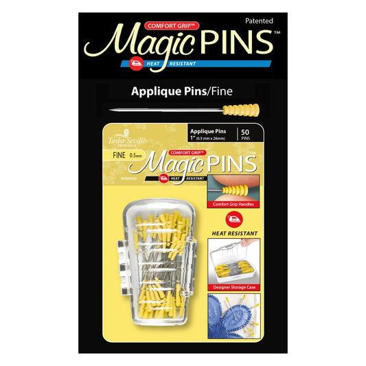 Comfort Grip, Heat Resistant, 50pc. Taylor Seville Originals Notions make your sewing life easier. The Comfort Grip Magic Applique Pins, Fine are 1in x 0.5mm. They have a comfort grip head that makes picking up and maintaining a grip on the pin, easy. The Comfort Grip Magic Pins are also heat resistant, so if you iron over them, they will not be ruined. The pins come in a designer storage case that closes, so you won’t lose any pins!

