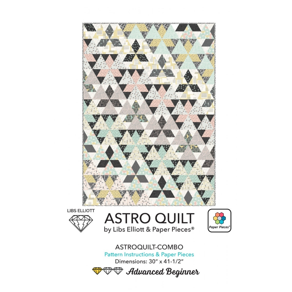 The shapes in ASTRO play together to create depth and the fun illusion of layered triangles. ASTRO was designed for Libs' Rancho Relaxo fabric collection with Andover Fabrics but works well with a variety of small to medium prints or solids. ASTRO measures 30"x 41-1/2" so it's perfect as a crib-size quilt or wall-hanging project.  Printed Paper Pattern Finished Size: 30in x 41-1/2in Paper Templates Included Final Product: quilt Technique Used: English Paper Piecing Skill Level: Confident Beginner
