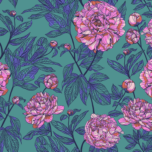 Manufacturer: Anna Maria Textiles for Northcott Fabrics
Designer: Anna Maria Parry
Collection: Indelible
Print Name: Peony in Jade WIDEBACK
Material: 100% Cotton
Weight: Quilting
SKU: BAMT1003-78
Width: 108 inches