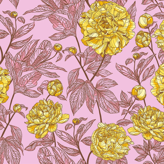 Manufacturer: Anna Maria Textiles for Northcott Fabrics
Designer: Anna Maria Parry
Collection: Indelible
Print Name: Peony in Sunshine WIDEBACK
Material: 100% Cotton
Weight: Quilting 
SKU: BAMT1003-84
Width: 108 inches