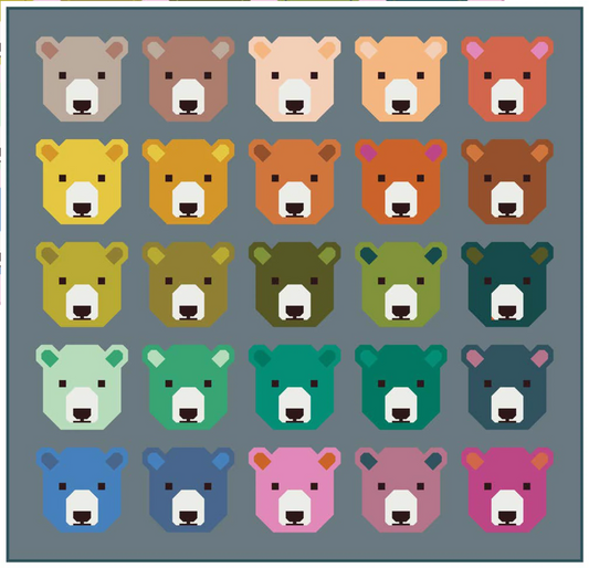 These adorable bear blocks are made with fat quarters, using conventional patchwork techniques. No paper piecing!

Collection: Bella Solids
Designer: Elizabeth Hartman
Size: 71" x 81"
Skill Level: Advanced Beginner
Technique: Traditionally Pieced

Pattern and Backing Fabric not included.&nbsp; 5 yards of 44/45" wide fabric for backing.
