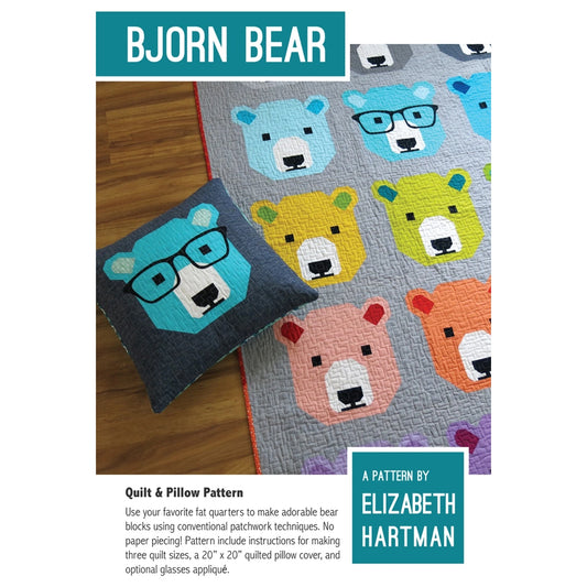 Bjorn Bear includes instructions for making three quilt sizes and a 20” x 20” quilted pillow cover. These adorable bear blocks are made with fat quarters, using conventional patchwork techniques. No paper piecing! The pattern also includes a complete list of the cut pieces need to make a single block, making it easy to use scraps or make single blocks for other projects. Give your blocks even more personality with an optional glasses applique.