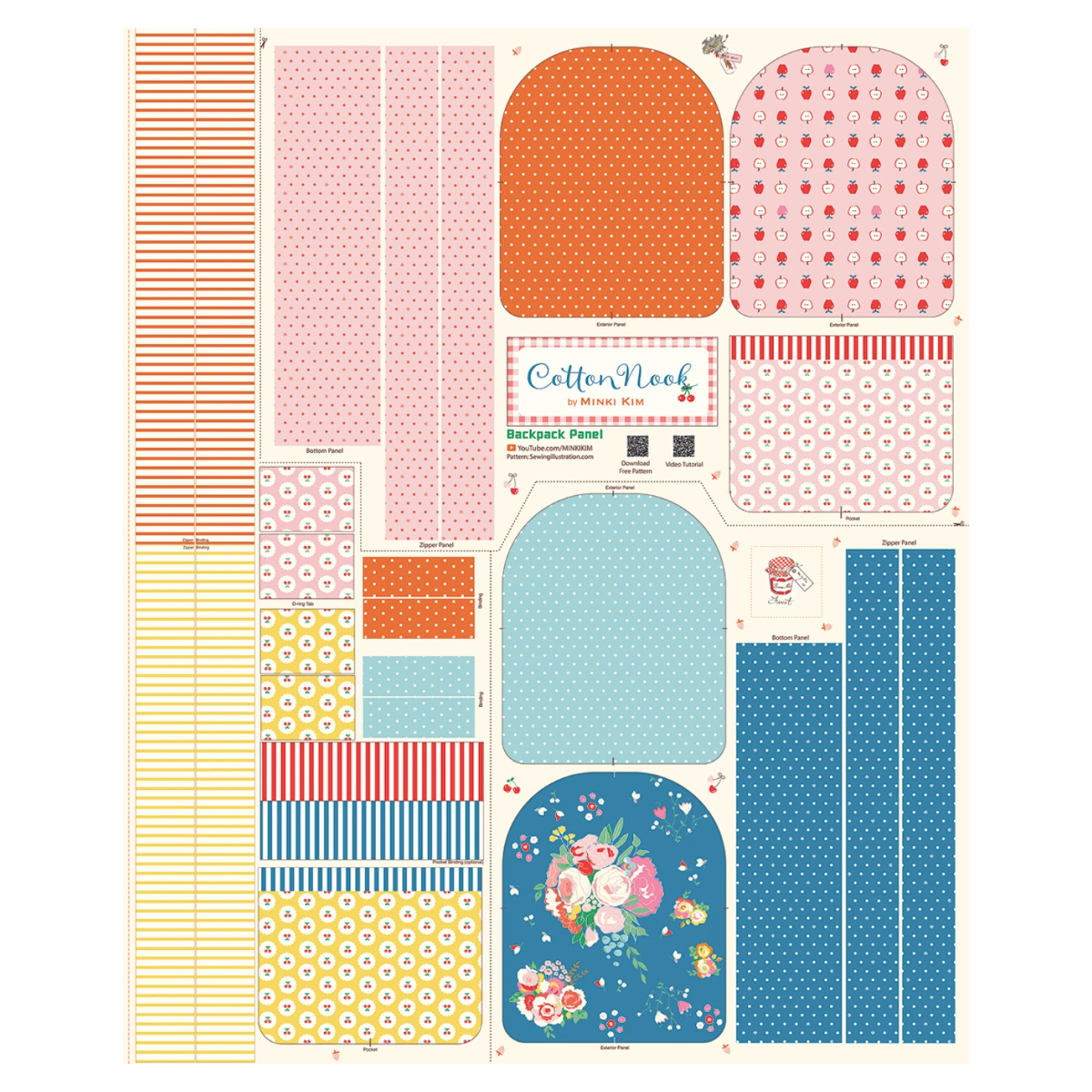 This listing is for one (1) panel. Panel measures 36" x 44"

Dive into the whimsical world of crafting with this delightful cotton backpack panel, featuring an array of charming patterns that bring joy to every stitch. Adorned with vibrant floral prints blooming in soft pinks and blues, playful strawberry motifs dotted across pastel backgrounds, and cheerful stripes in sunny yellows and oranges, this fabric panel invites creativity for sewing enthusiasts.
