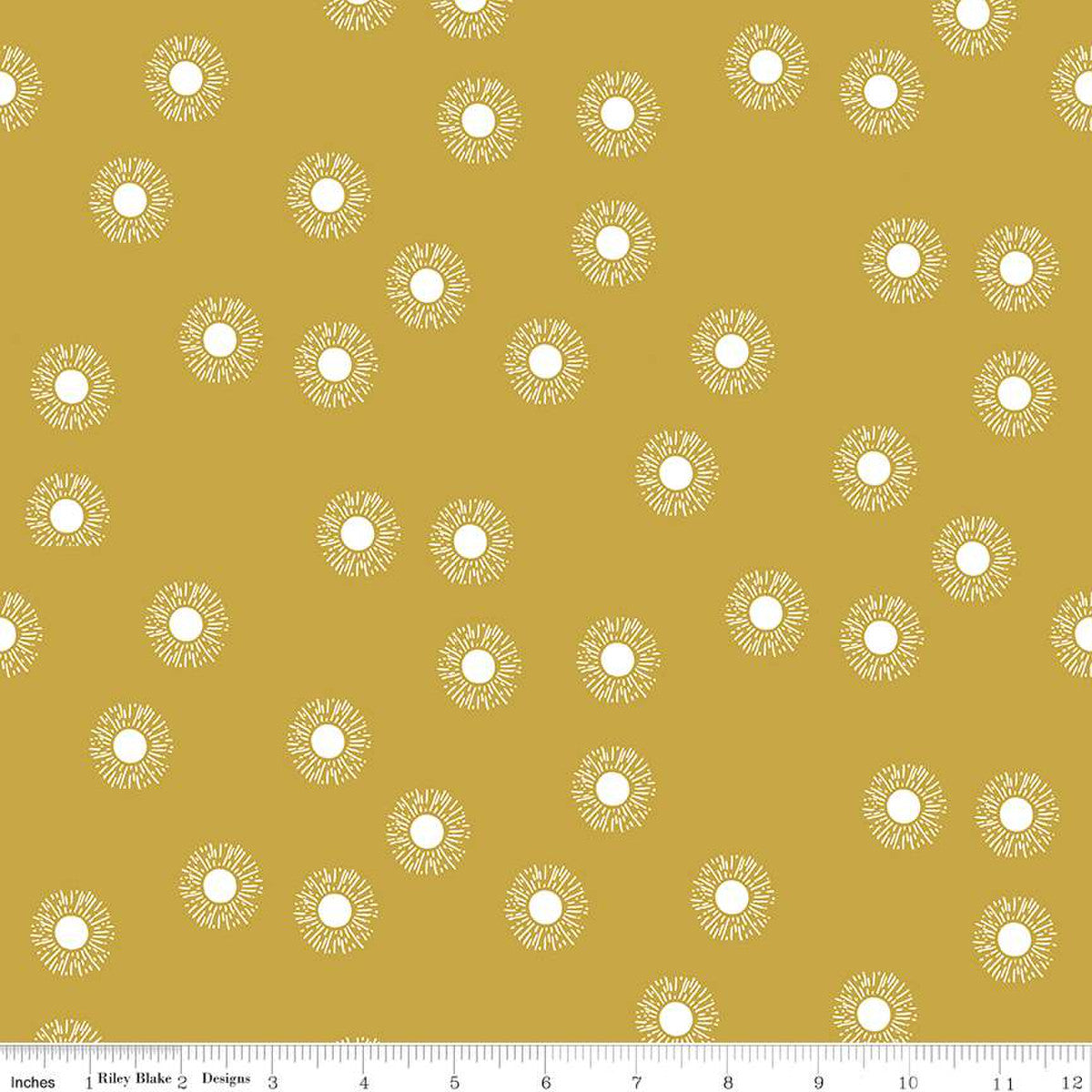 Manufacturer: Riley Blake Designs Designer: Fran Gulick of Cotton and Joy Collection: Moonchild Print Name: Sunrise in Curry Material: 100% Cotton Weight: Quilting SKU: SC13824-CURRY Width: 44 inches