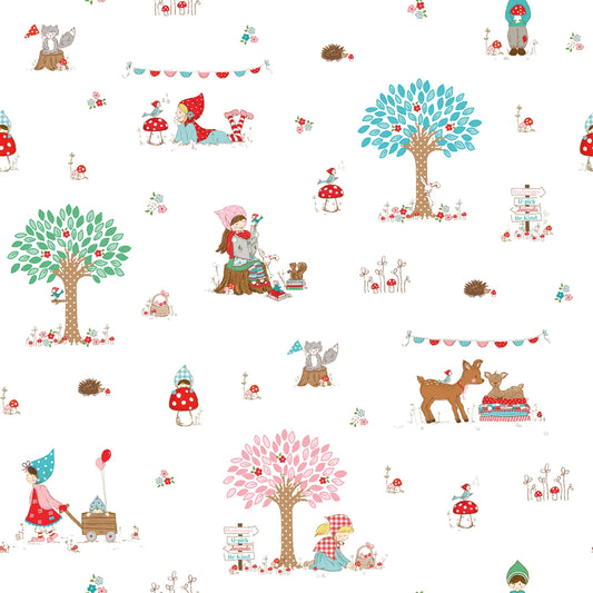 Manufacturer: Riley Blake Designs
Designer: Tasha Noel
Collection: Whimsical Woodland
Print Name: Main in White
Material: 100% Cotton 
Weight: Quilting 
SKU: C17640R-WHITE
Width: 44 inches