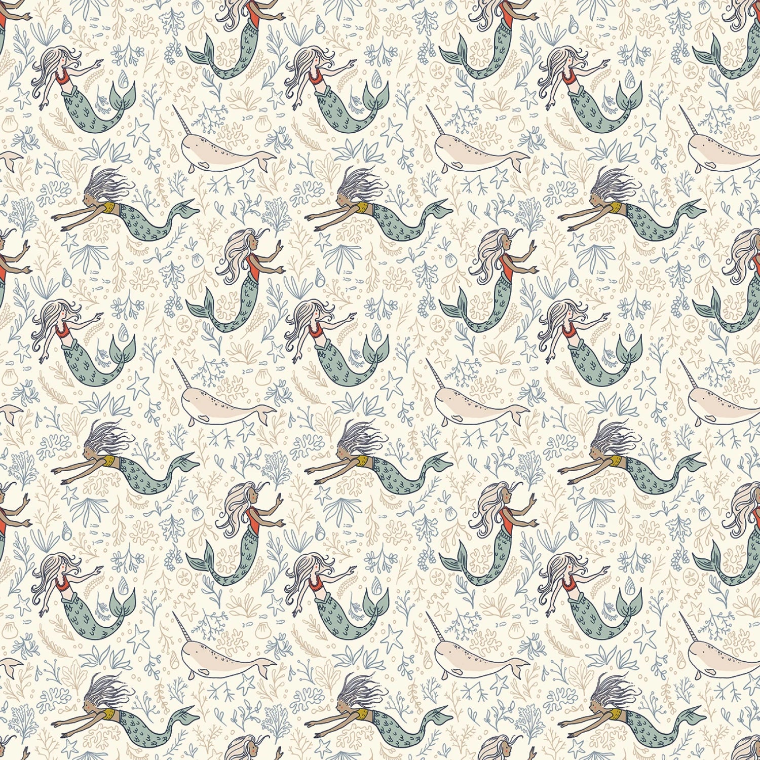 Manufacturer: Riley Blake Designs
Designer: Sarah Jane
Collection: Story Land
Print Name: Mermaids in Cream
Material: 100% Cotton
Weight: Quilting
SKU: C18302R-CREAM
Width: 44 inches