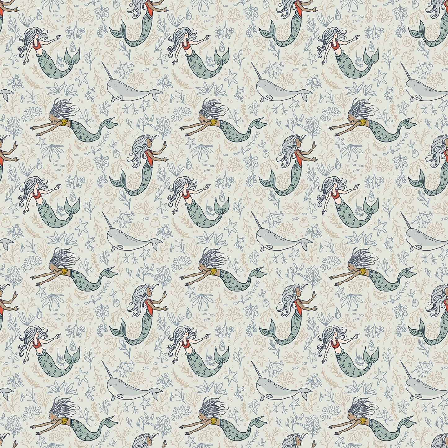 Manufacturer: Riley Blake Designs
Designer: Sarah Jane
Collection: Story Land
Print Name: Mermaids in Mist
Material: 100% Cotton
Weight: Quilting
SKU: C18302R-MIST
Width: 44 inches