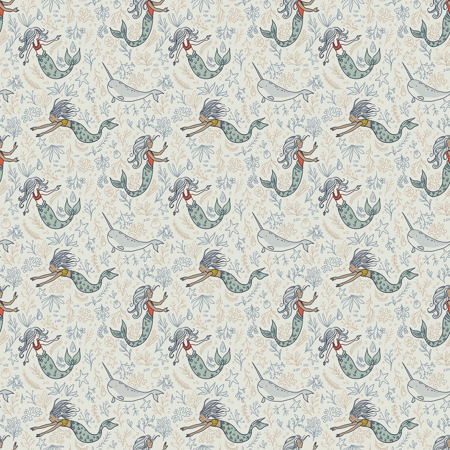 Manufacturer: Riley Blake Designs
Designer: Sarah Jane
Collection: Story Land
Print Name: Mermaids in Mist
Material: 100% Cotton
Weight: Quilting
SKU: C18302R-MIST
Width: 44 inches