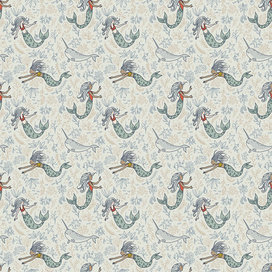 Manufacturer: Riley Blake Designs
Designer: Sarah Jane
Collection: Story Land
Print Name: Mermaids in Mist
Material: 100% Cotton
Weight: Quilting
SKU: C18302R-MIST
Width: 44 inches