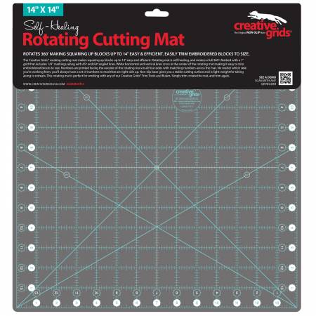 The Creative Grids rotating cutting mat makes squaring up blocks up to 14" easy and efficient.  Rotating mat is self-healing, and rotates a full 360º.  Marked with a 1" grid that includes 1/8in markings along with 45 and 60 degree angled lines.  