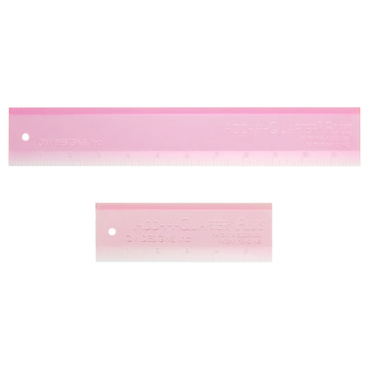 The specially designed lip on this ruler automatically allows 1/4 inch seam allowance to any angle for your rotary cutter.

Features Include:
Tapered edge to fold back foundation
Wider for easier handling
Use one tool for straight edge and for trimming 1/4" seam allowance.
Paper piece faster with less motion.

Included: Two Rulers - 6in and 12in