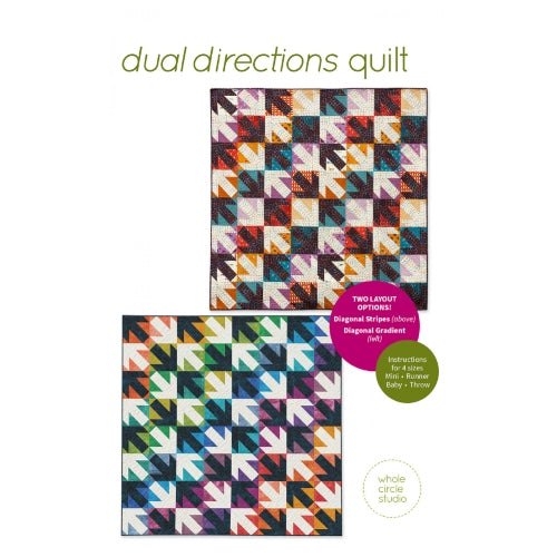 Dual Directions is an easy, beginner quilt pattern that pairs well with your favorite Fat Quarter bundle or yardage!  Included in the pattern are instructions for four sizes (mini, runner, baby, and throw) as well as two color palette layout options. Use my color assignments or play with your own — coloring sheets are included so you can audition all types of fun combinations!. 