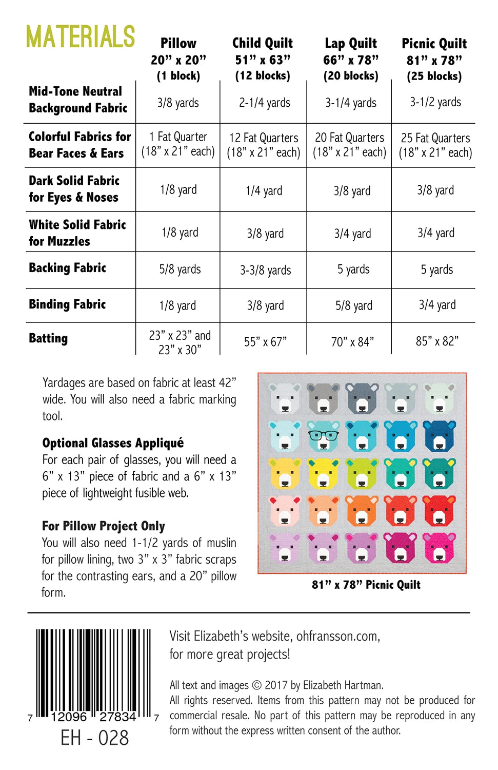 Bjorn Bear includes instructions for making three quilt sizes and a 20” x 20” quilted pillow cover. These adorable bear blocks are made with fat quarters, using conventional patchwork techniques. No paper piecing! The pattern also includes a complete list of the cut pieces need to make a single block, making it easy to use scraps or make single blocks for other projects. Give your blocks even more personality with an optional glasses applique.