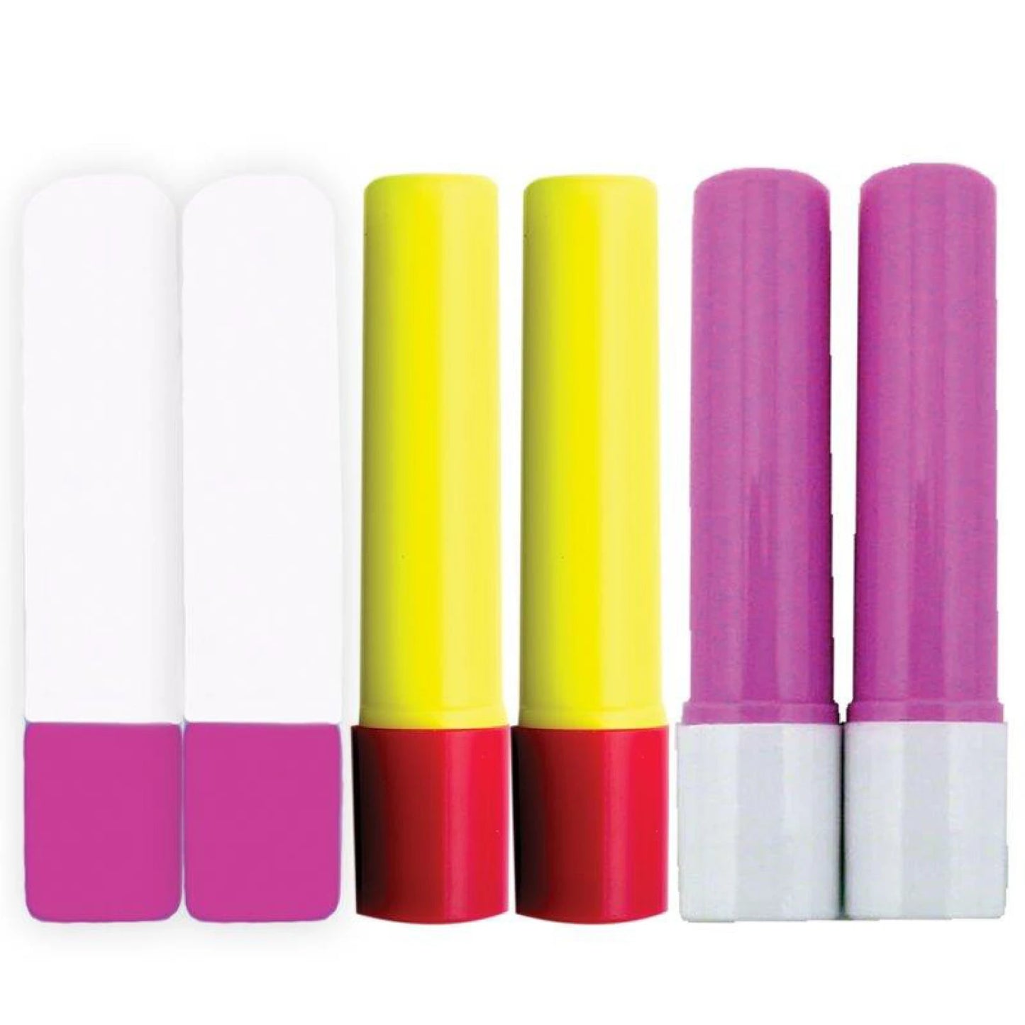 6 refill glue sticks, 2 blue, 2 pink and 2 yellow.  Water-soluble glue that dries clear.  A quick, convenient way to hold fabrics for sewing or positioning pieces.  Acid-free.