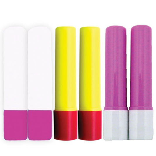 6 refill glue sticks, 2 blue, 2 pink and 2 yellow.  Water-soluble glue that dries clear.  A quick, convenient way to hold fabrics for sewing or positioning pieces.  Acid-free.