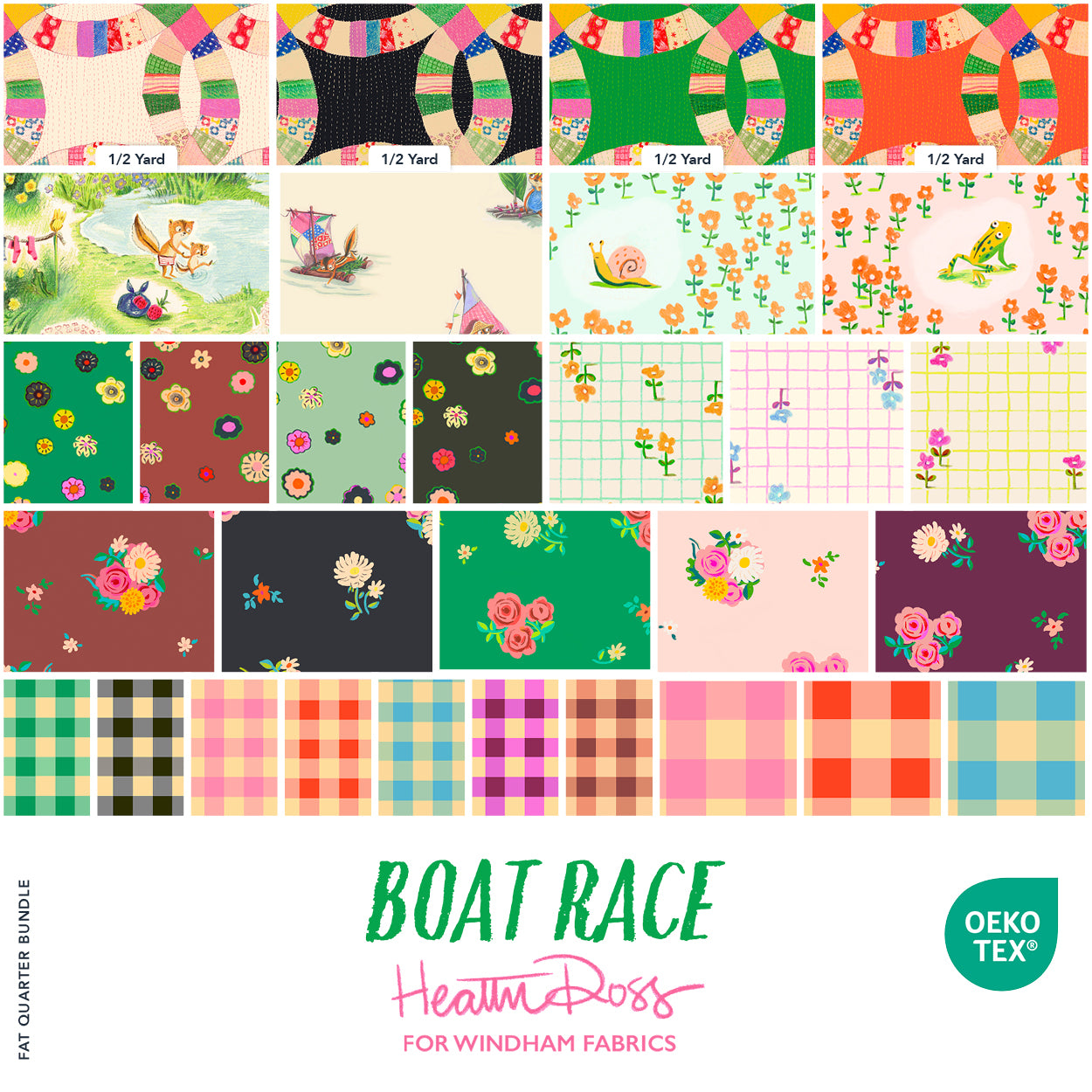 This Factory cut FAT QUARTER BUNDLE contains 26 fat Quarters and 4 half yard cuts of quilting cotton prints from Boat Race by Heather Ross for Windham Fabrics

Manufacturer: Windham Fabrics
Designer: Heather Ross
Collection: Boat Race
Material: 100% Cotton
Weight: Quilting