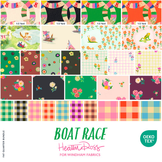 This Factory cut FAT QUARTER BUNDLE contains 26 fat Quarters and 4 half yard cuts of quilting cotton prints from Boat Race by Heather Ross for Windham Fabrics

Manufacturer: Windham Fabrics
Designer: Heather Ross
Collection: Boat Race
Material: 100% Cotton
Weight: Quilting
