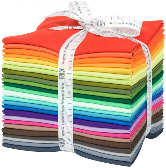 This factory cut FAT QUARTER BUNDLE contains 25 cotton fabrics from Kona Solids for Robert Kaufman Fabrics.  Manufacturer: Robert Kaufman Fabrics Collection: Kona Cotton Solids 2019 New Colors Material: 100% Cotton SKU: FQ-1589-25 Weight: Quilting