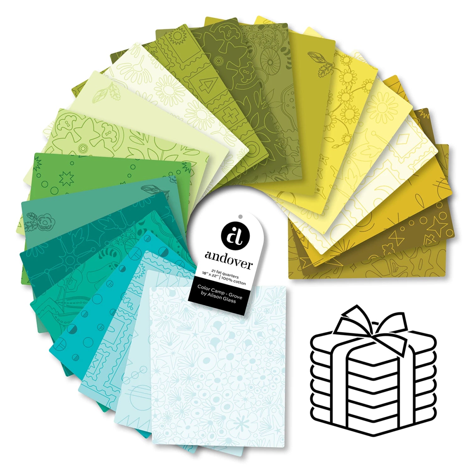 This Factory Cut FAT QUARTER BUNDLE contains 21 Fat Quarters in the Grove Colorway from Color Camp by Alison Glass for Andover Fabrics.

Manufacturer: Andover Fabrics
Designer: Alison Glass
Collection: Color Camp
Material: 100% Cotton
Weight: Quilting