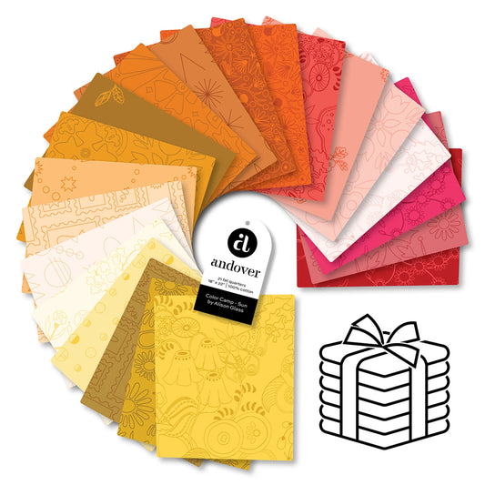 This Factory Cut FAT QUARTER BUNDLE contains 21 Fat Quarters in the Sun Colorway from Color Camp by Alison Glass for Andover Fabrics.

Manufacturer: Andover Fabrics
Designer: Alison Glass
Collection: Color Camp
Material: 100% Cotton
Weight: Quilting