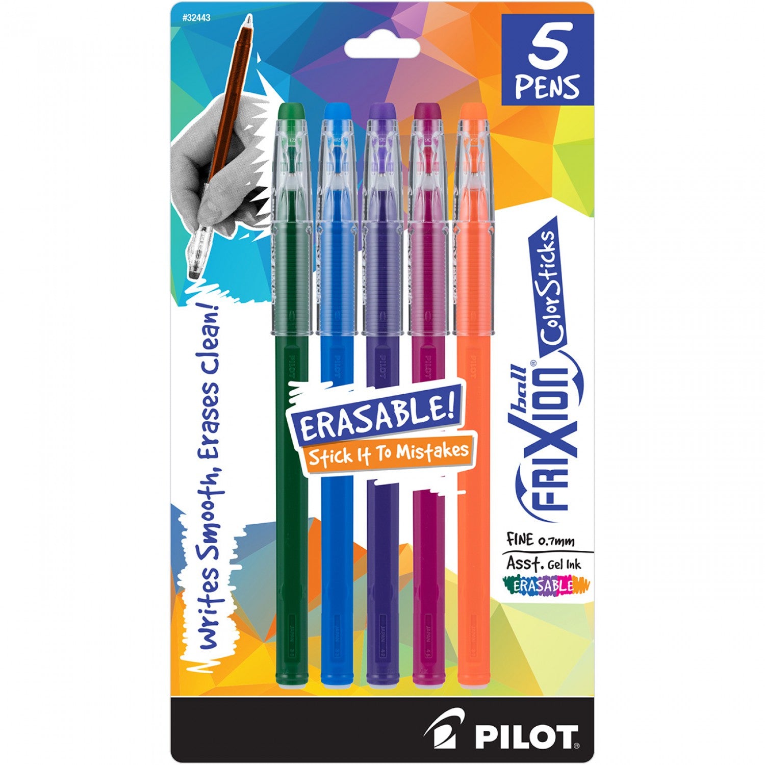 Write in smooth, vibrant color and Stick it to Mistakes! Write, erase and rewrite repeatedly without damaging documents. No wear or tear! Unique, thermo-sensitive gel ink formula disappears with erasing friction. Delivers vivid, smooth writing in 5 vibrant shades Streamlined, clipless, roll-free design.  Colors include hunter green, blue, purple, magenta and orange.