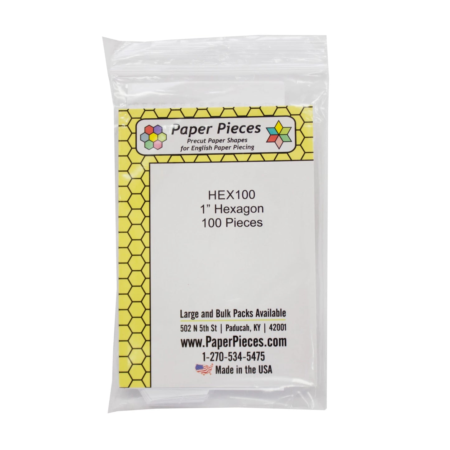 Pre-cut Paper Pieces 1in Hexagon Shape. Small Pack: 100 Pieces.

Color: White
Made of: Paper
Use: English Paper Piecing
Size: 1 inch template
Included: 100 pieces per pack