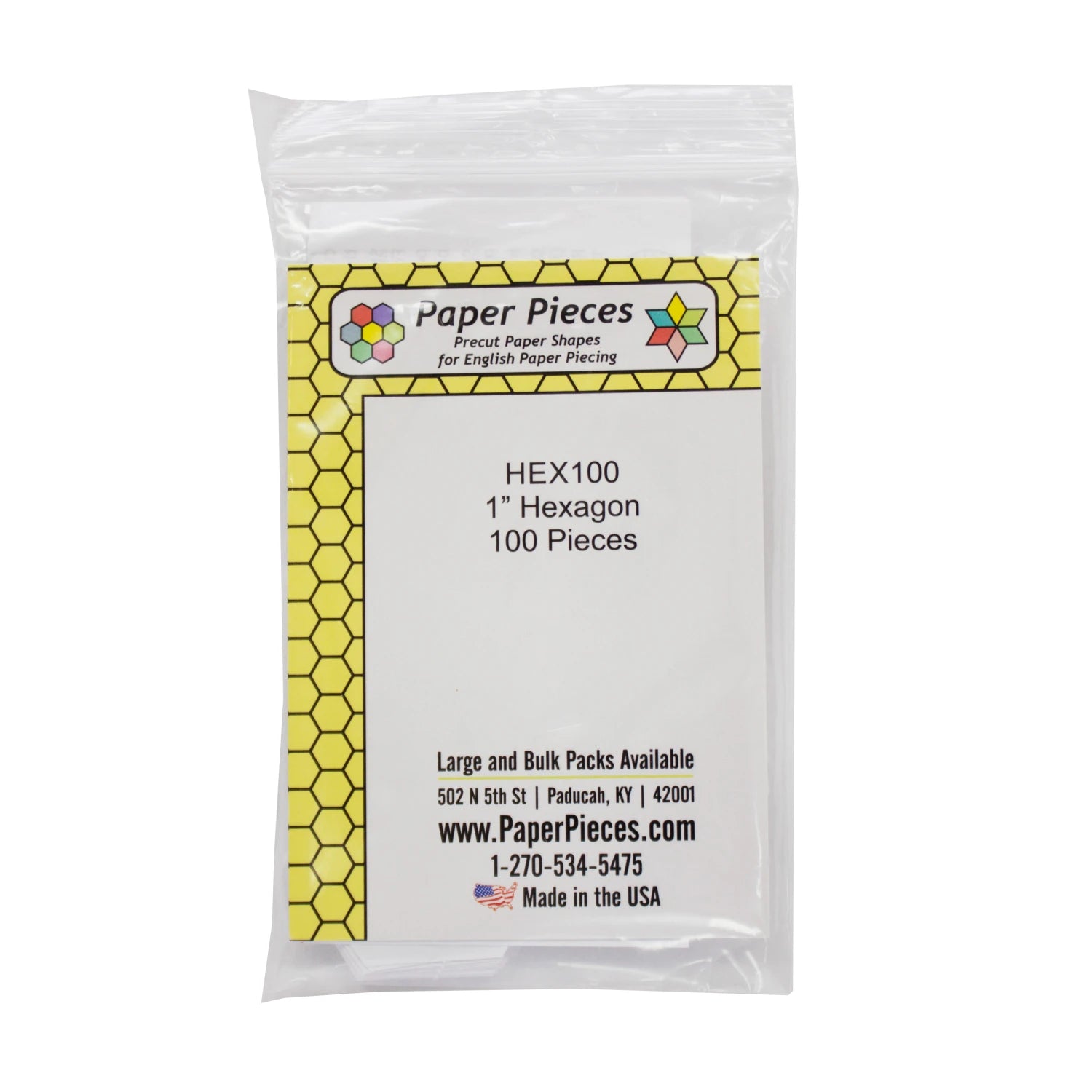 Pre-cut Paper Pieces 1in Hexagon Shape. Small Pack: 100 Pieces.

Color: White
Made of: Paper
Use: English Paper Piecing
Size: 1 inch template
Included: 100 pieces per pack