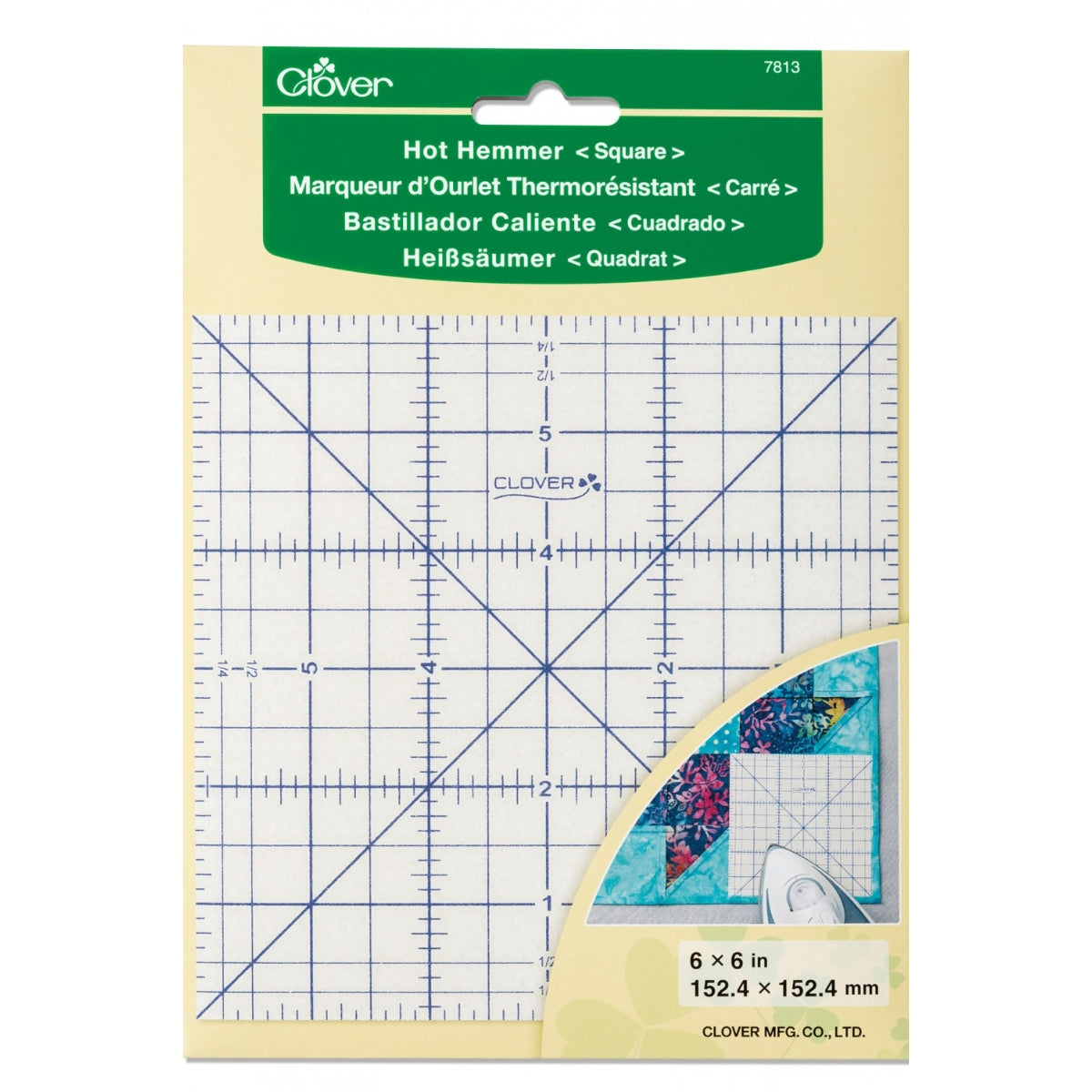 Measure, mark, fold, and press hems and more in one step.  Use for pressing all sizes of Dresden wedges for Dresden quilt blocks, pressing under edges of quilt block appliques and, geometric appliques for quilting, hemming, and miter corners.  Features: Heat resistant, press directly on the ruler.&nbsp; Can be used with dry or steam iron. Unique non-slip surface holds fabric in place for precise results  Size: 6in x 6in