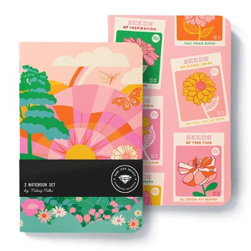 These Hello Sunshine notebooks are perfect for sewing plans, grocery lists, and personal manifests. Interior pages are a combination of grid, lined, and dot grid patterns.   Set of Two Dimensions: 5.75in x 8.5in Softcover 80 Pages