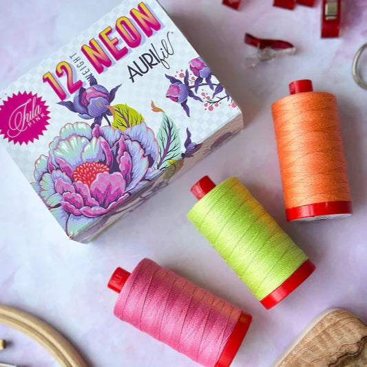 The 12wt Neon set introduces Tula’s vibrant neon hues in Aurifil's luxurious 12wt 2ply thread. This trio of large spools is designed to support a wide range of hand-quilting, decorative stitching, and embroidery endeavors.

3 Large Spools 100% Cotton 12wt.