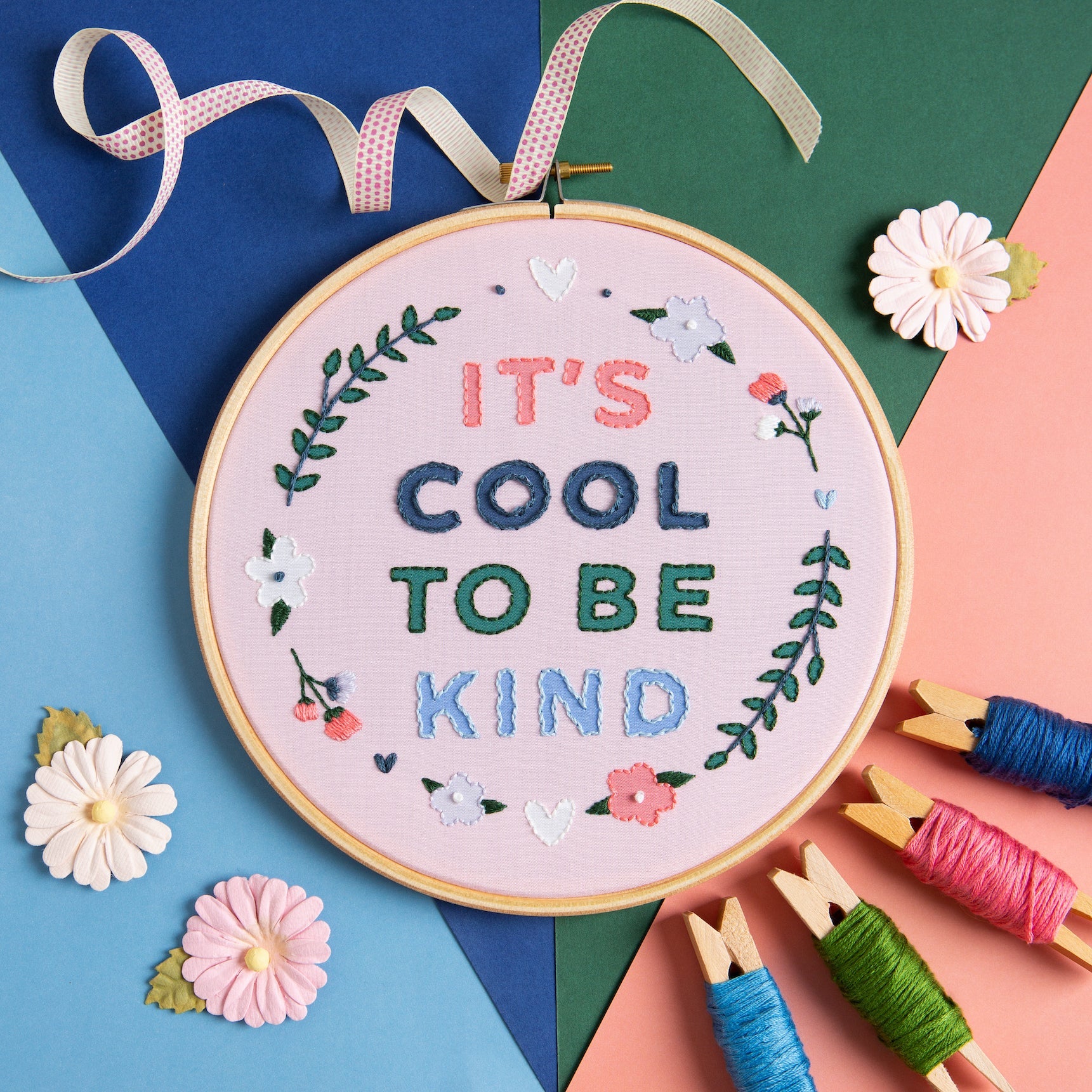 Introducing our "It's Cool To Be Kind" embroidery kit! This kit is perfect for anyone looking to add a dash of positivity to their life. The kit is complete with everything you need to get started on your hand embroidery journey, including a solid wooden hoop, pre-printed fabric (no transfer required!) and enough colours of thread to make a rainbow jealous.