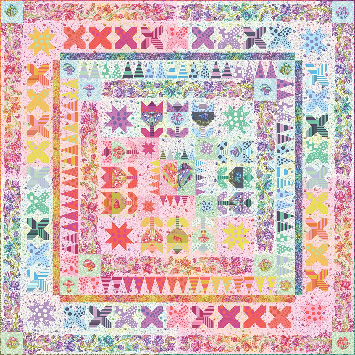 Tula Pink's Gardens of the Galaxy Quilt Kit from the Down to Earth collection invites you on a vibrant journey through a galaxy of intricate patterns and playful designs. Bursting with a kaleidoscope of colors, this quilt kit features whimsical motifs that bring a touch of magic to any room. Perfect for creating a stunning centerpiece quilt, it's a dream project for quilters looking to explore new creative horizons.