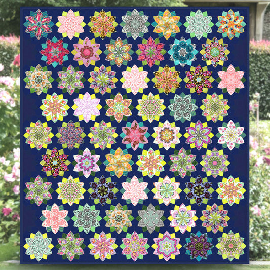 Hexagon flowers are great but what about a quilt made from actual flowers, a big burst of colour, something that could be so scrappy that no two flowers are the same. A project where you slow down and remove yourself from today’s fast paced world and work one bloom at a time.