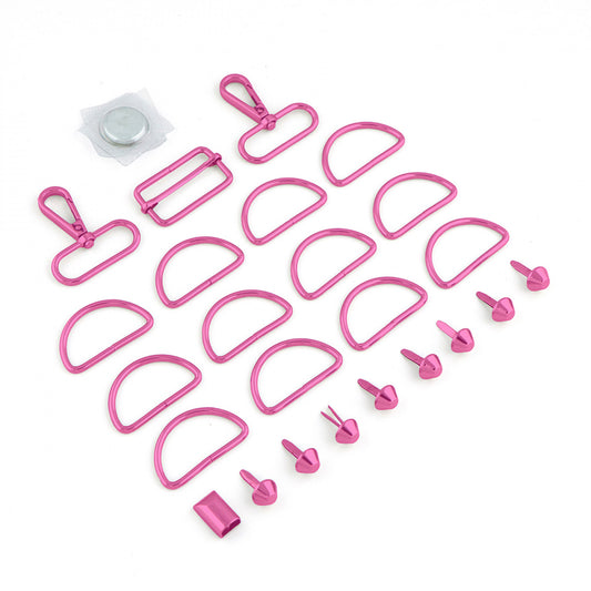 We've made it easy for you by putting all of the hardware for Tula's Tote together! Included in this kit are: (12) 1-1/2" (38mm) D-Rings, (2) 1-1/2" (38mm) Swivel Hooks, (1) 1-1/2" (38mm) Slider Buckle, (8) Bucket Bag Feet, (1) 3/4" (19mm) Sew-In Round Magnetic Snap, (1) Zipper Cord End.