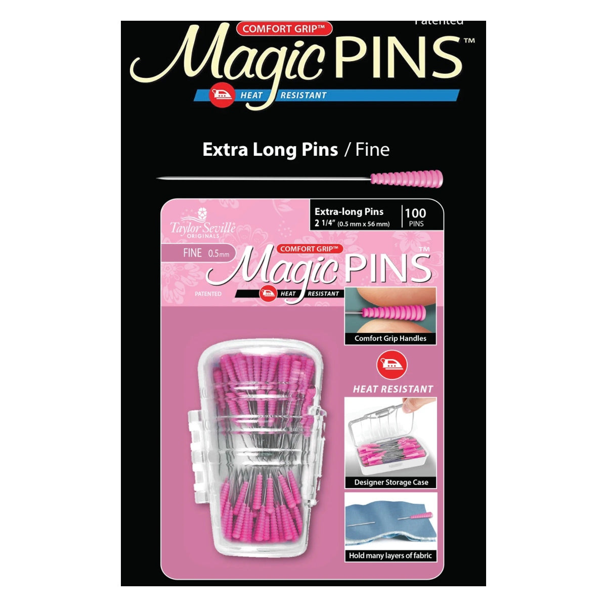 Taylor Seville Originals Notions make your sewing life easier. The Comfort Grip Magic Pins Extra Long are 2.25in and .5mm. They have a comfort grip head that makes picking up and maintaining a grip on the pin, easy. The Comfort Grip Magic Pins are also heat resistant, so if you iron over them, they will not be ruined. The pins come in a designer storage case that closes, so you won’t lose any pins!