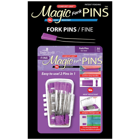 Comfort Grip, Heat Resistant, 30pc. Taylor Seville Originals Notions make your sewing life easier. The Comfort Grip Magic Pins Fork pins are fine .5mm. They have a comfort grip head that makes picking up and maintaining a grip on the pin, easy. The Comfort Grip Magic Pins are also heat resistant, so if you iron over them, they will not be ruined. The pins come in a designer storage case that closes, so you won’t lose any pins!