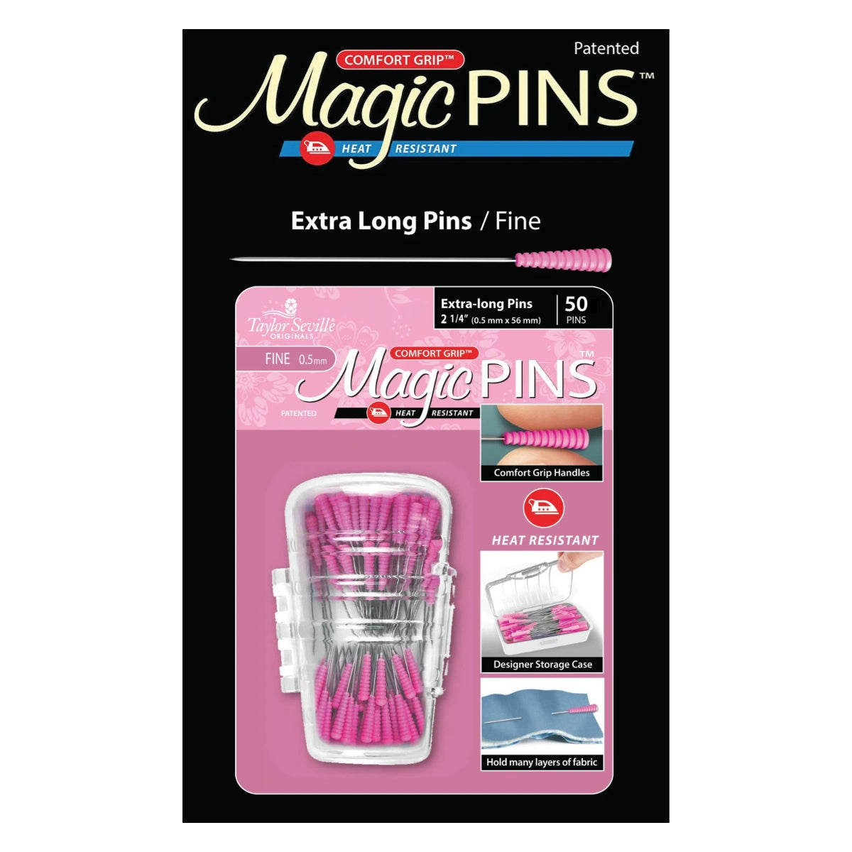 Taylor Seville Originals Notions make your sewing life easier. The Comfort Grip Magic Pins Extra Long are 2.25in and .5mm. They have a comfort grip head that makes picking up and maintaining a grip on the pin, easy. The Comfort Grip Magic Pins are also heat resistant, so if you iron over them, they will not be ruined. The pins come in a designer storage case that closes, so you won’t lose any pins!