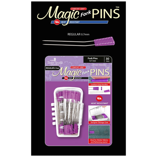 Magic Fork Pin Regular feature our Comfort Grip™ handles and two tines to let you pin your piece on both sides of the seams while holding the two pieces together for producing perfectly-matched seams. Includes attractive designer storage case.