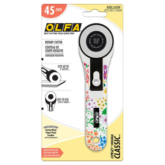 The OLFA 45mm Classic Straight Handle Blooming Garden Printed Handle. This Rotary Cutter offers quality design and construction that makes it the perfect tool for projects big and small. The Classic Straight Handle works for both right and left handed users. The easy to use blade guard adds safety.

