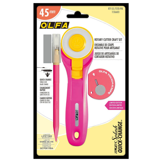 OLFA 45mm Pink Combo Pack which includes the OLFA Quick-Change Pink 45MM Rotary Cutter and the Pink 4mm Designer Art Knife along with the Pink Touch Knife.

Limited Edition
Includes: Cutter, Art Knife, Touch Knife
Made of: Plastic and Metal