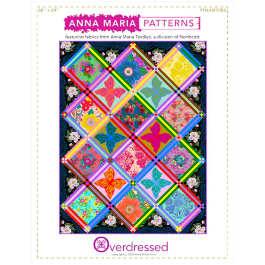 Overdressed Quilt by Anna Maria Textiles

NOTES FROM ANNA MARIA:
When you have gorgeously oversized prints, you can let them do the heavy lifting. I designed this quilt to pair the bold florals and butterflies of Overdressed with 12 beautiful Northcott solids that are my "happy place" this season. The bright narrow stripes of color intersecting at little 9-patches are the perfect accent to the confident florals in this collection.

Overdressed Quilt:
- Finished size: 64" x 85"