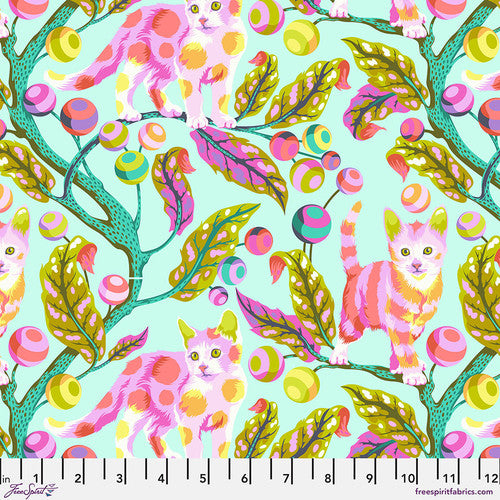Manufacturer: FreeSpirit Fabrics Designer: Tula Pink Collection: Tabby Road {Deja Vu} Print Name: Disco Kitty in Technomint Material: 100% Cotton  Weight: Quilting  SKU: PWTP092.TECHNOMINT Width: 44 inches